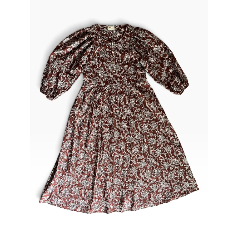 WRAP London Brown Prairie Dress Midi length Size 6 100% Cotton